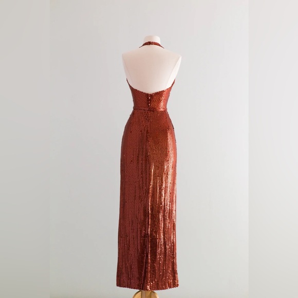 Vintage 1970s HOT LAVA Copper Sequined Halter Gown By Lillie Ruben / Small - Picture 6 of 11